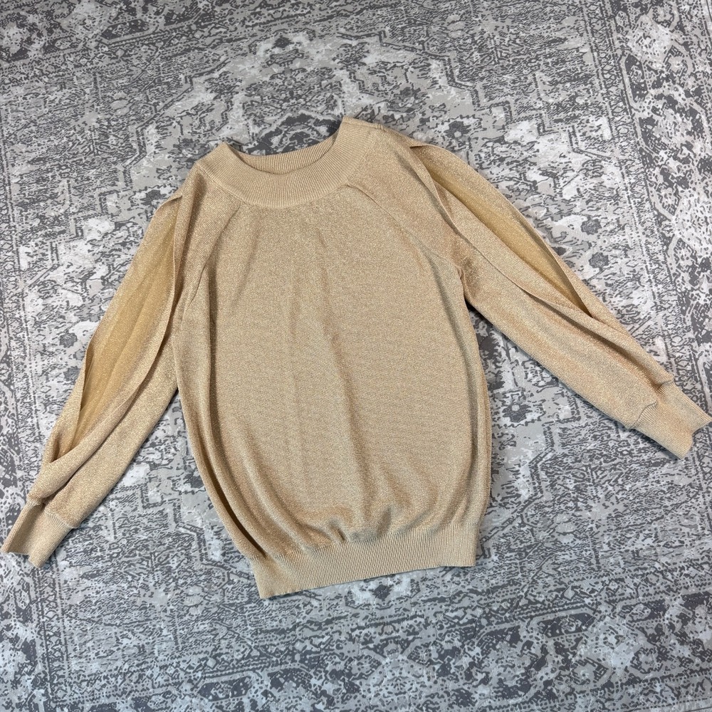 Molly Bracken Womens S/M Gold Metallic Knit Slit Sleeve Crewneck Sweater Top